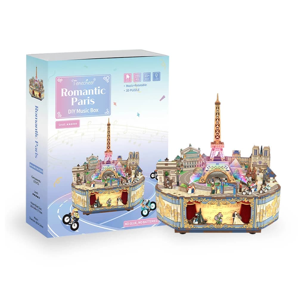 3D Wooden Puzzle DIY Rotating Music Box Kit (Romantic Paris)